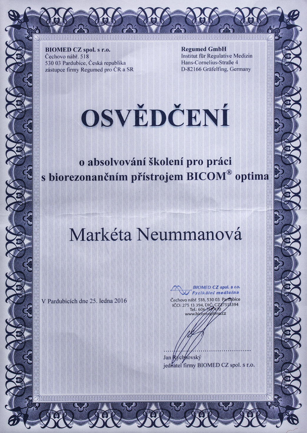 Biorezonanční npřístroj BICOM optima Markéta Améra Steinbachová Benátky nad Jizerou a Lindava Cvikov